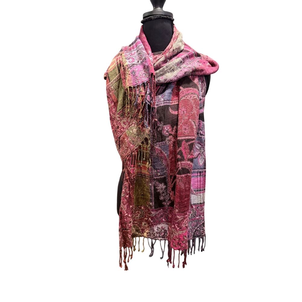 Boho Patchwork Paisley Plaid Scarf Shawl Wrap Pink Fringe Festival 25x75